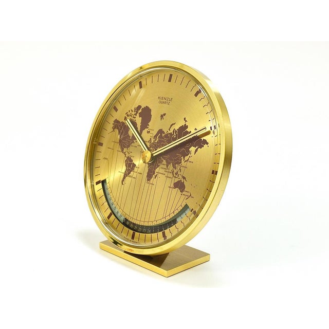 Metal Mid-Century GMT World Time Zone Brass Table Clock, Germany attributed to Wilhelm Kienzle, 1960s For Sale - Image 7 of 17