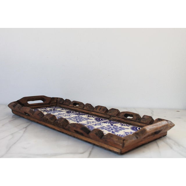 Vintage Hand Carved Mexican Wood and Ceramic Tile Tray For Sale In Milwaukee - Image 6 of 9