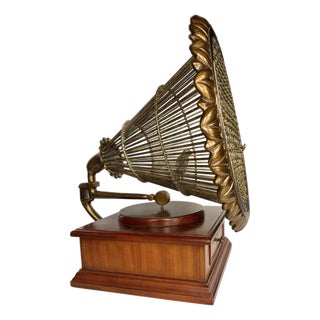 Vintage Maitland Smith Brass & Wood Gramophone Birdcage Decorative Box For Sale