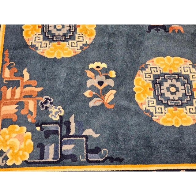 Vintage Art Deco Chinese Rug, Handwoven Wool Pile, Floral Design, Blue, 6' x 8' For Sale - Image 11 of 14