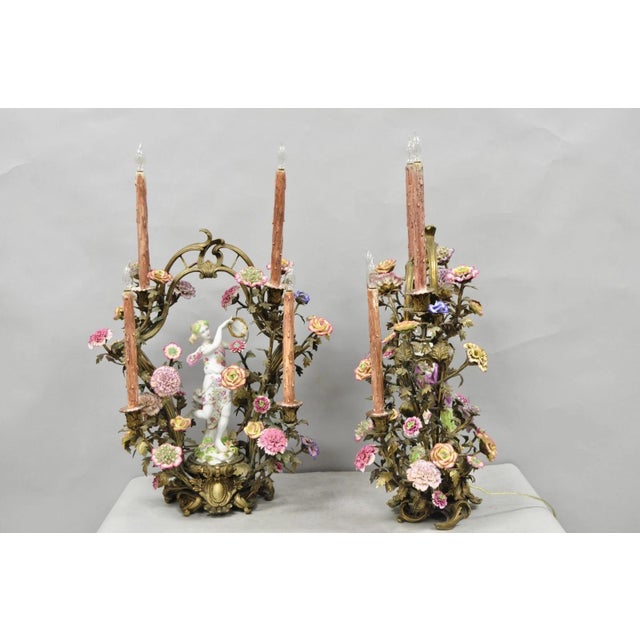Late 20th Century French Louis XV Repro Bronze & Porcelain Candelabra Lamps by United Wilson, Pair For Sale - Image 16 of 18