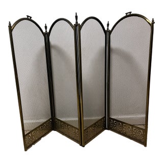 Vintage MCM Four Panel Arch Fireplace Screen Metal Accents For Sale