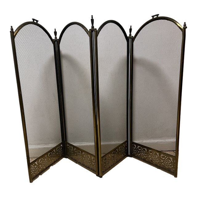 Vintage MCM Four Panel Arch Fireplace Screen Metal Accents For Sale