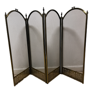 Vintage MCM Four Panel Arch Fireplace Screen Metal Accents