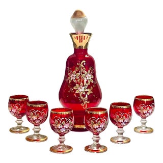 Early 20th Century Cranberry Bohemian Glass Decanter Set- 7 Pieces For Sale