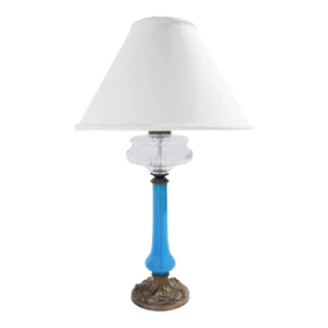 English Brass and Blue Opaline Glass Oil Lamp, C. 1850