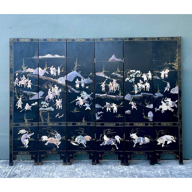 Black Vintage Asian Carved Soapstone Figurative 6 Panel Screen For Sale - Image 8 of 12