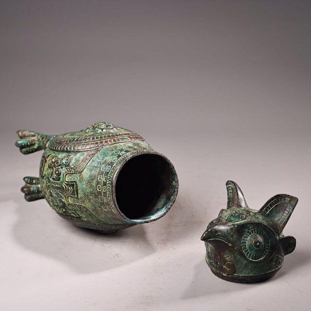 Late 19th Century Bronze Owl-Form Ritual Vessel With Lid, 1850g, Archaic Motifs For Sale In Los Angeles - Image 6 of 10