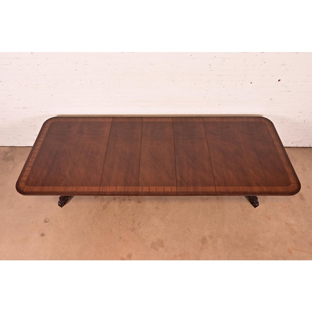 Wood Baker Furniture Regency Banded Mahogany Double Pedestal Extension Dining Table, Newly Refinished For Sale - Image 7 of 17
