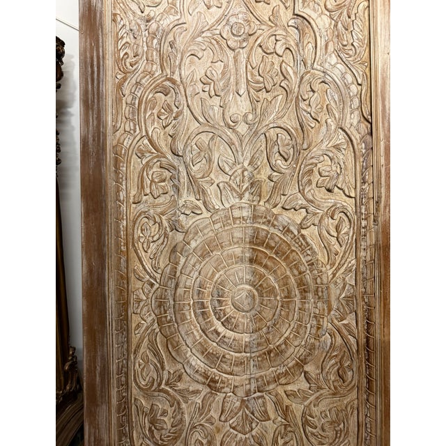 Vintage Lotus Carved Double-Sided Wooden Door – Hand-Carved Sliding Bedroom Barn Door 96x36 For Sale - Image 4 of 7