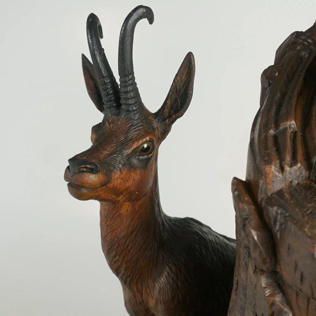 Late 19th Century Antique Black Forest Hand Carved Wood Chamois Figural Pipe Holder Stand Tobacco Humidor For Sale - Image 6 of 10