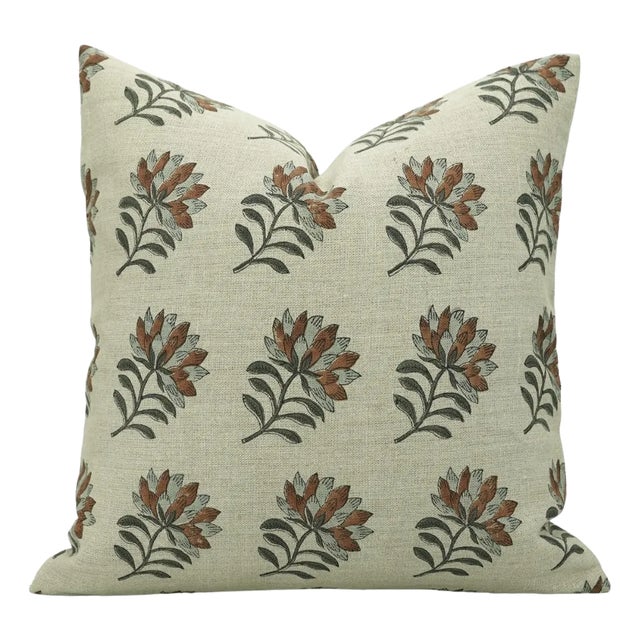 Block Printed Pillow Cover in Thick Linen for Sofa Couch or Bed 14x20 Inch- Summer Flower For Sale