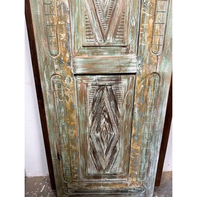 1920s Antique Green Floral Carved Door | Handcrafted Indian Sliding Closet Barn Door 96x29.5 For Sale - Image 5 of 8