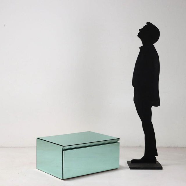 Vintage Italian-made cabinet unit with drawer. Wooden frame, mirrored glass finish in shades of aqua green. In good...