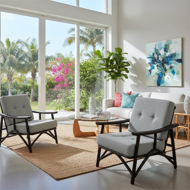 Wood Pair John Wisner for Ficks Reed Far Horizons Light Blue Rattan Lounge Chairs For Sale - Image 7 of 16