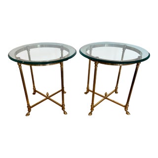 Vintage Italian Brass and Glass Round Side Tables - A Pair For Sale