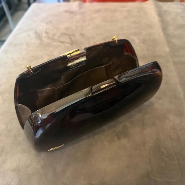 Brown 1940s Dark Faux Tortoiseshell Bakelite and Brass Italian Evening Bag For Sale - Image 8 of 14