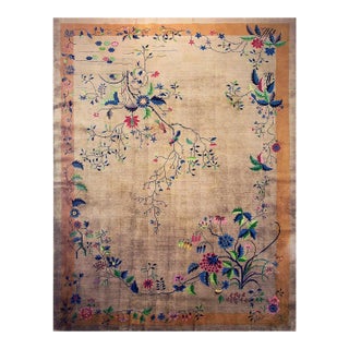 Beige Floral Antique Chinese Art Deco Rectangle Large 1920s Hand Knotted Rug For Sale
