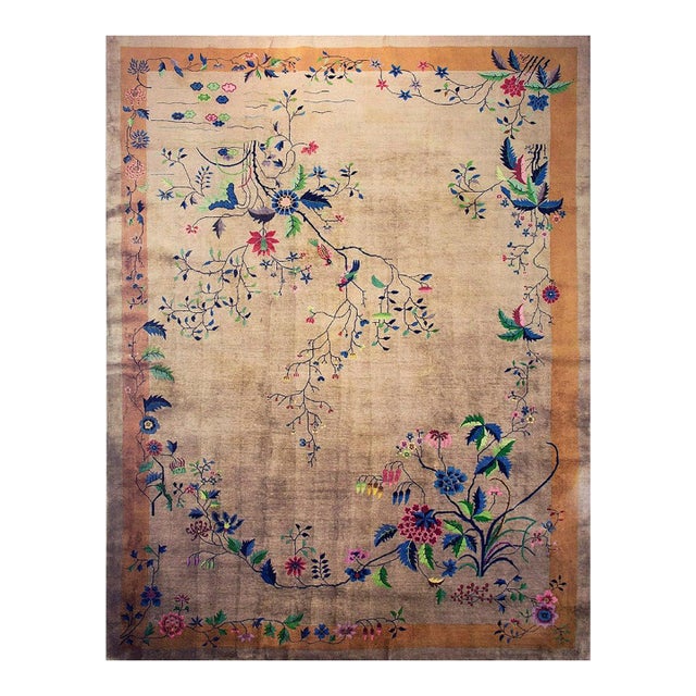 Beige Floral Antique Chinese Art Deco Rectangle Large 1920s Hand Knotted Rug For Sale