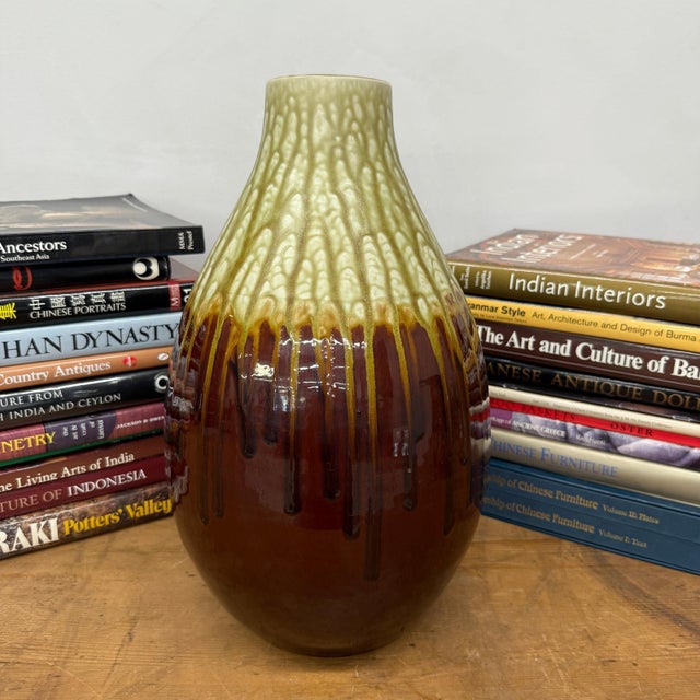 Late 20th Century Amber Brown Vase with Cream and Gold Drip Glaze Finish For Sale - Image 5 of 8
