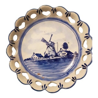 Vintage Delft Blue Holland Windmill Plate | Pierced Heart Scalloped Rim | Handwork For Sale