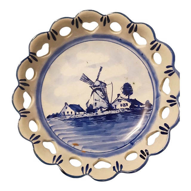 Vintage Delft Blue Holland Windmill Plate | Pierced Heart Scalloped Rim | Handwork For Sale