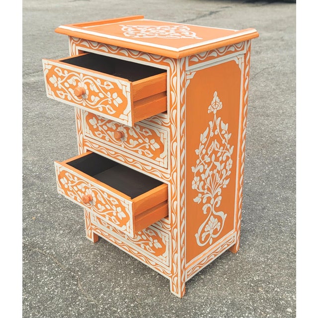Hand‑Painted Moroccan Nightstand / Orange and White Zoua9 Woodwork For Sale In Orlando - Image 6 of 7