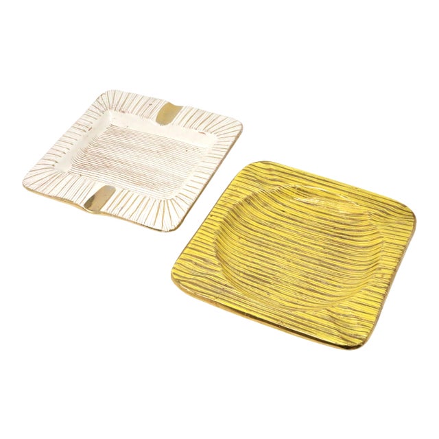Vintage Italian Square White/Gold and Yellow/Gold Ceramic Made in Italy Ashtrays - a Pair For Sale
