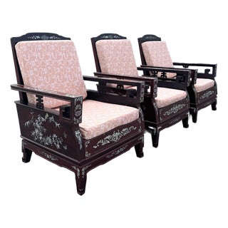 Chinese Rosewood With Mother of Pearl Inlay Lounge Chairs - Set of 3 For Sale