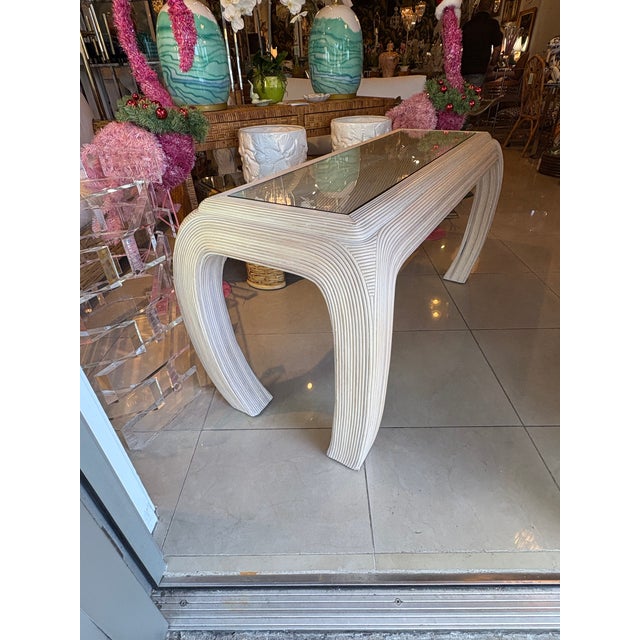 Tan Vintage Coastal Palm Beach Pencil Reed Rattan Ming Console Table New Glass Top For Sale - Image 8 of 15