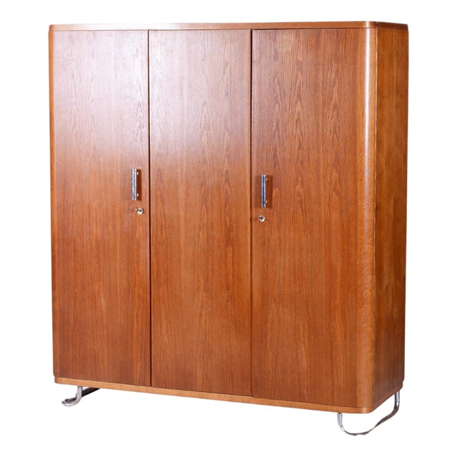 Bauhaus Wardrobe in Oak and Chrome-Plated Steel, Czechia, 1930s For Sale