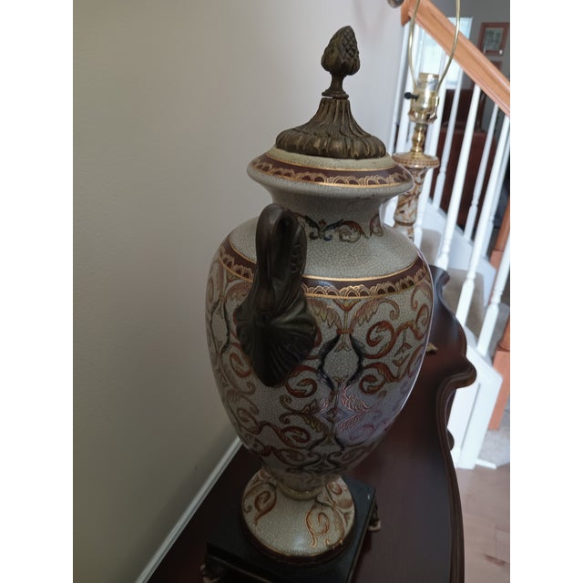 Metal Vintage French Renaissance Rococo Table Lamps & Longwy-Style Ceramic Urn - Set of 3 For Sale - Image 7 of 12