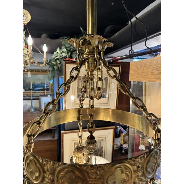 Antique Brass Three Light Tudor Revival Quatrefoil Pattern Chandelier For Sale - Image 12 of 12