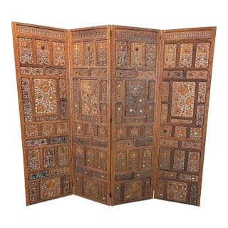 Mid 20th Century Moroccan Style Pierced Fruitwood 4-Panel Floor Screen With Stone Adornments For Sale