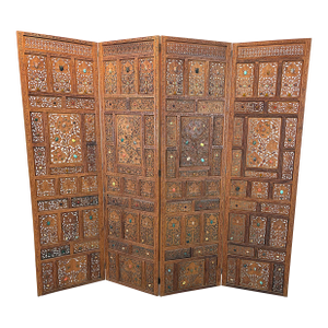 Mid 20th Century Moroccan Style Pierced Fruitwood 4-Panel Floor Screen With Stone Adornments