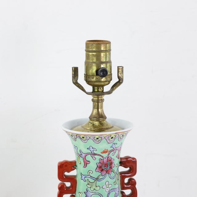 Ceramic Vintage Chinese Famille Rose Lime Green Porcelain Vase Lamp With Lotus and Peony Scrollwork For Sale - Image 7 of 16