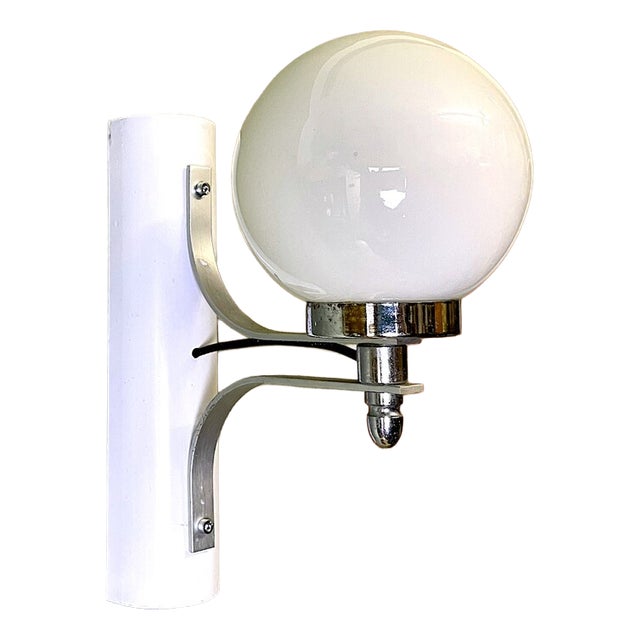 Portuguese White Metal and Opaline Glass Globe Wall Sconce Light, 1990s For Sale