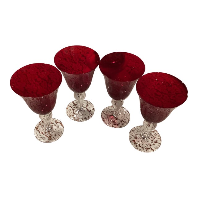 1960s Shabby Chic Ruby, Red Hand Blown Water Goblets - Set of 4 For Sale