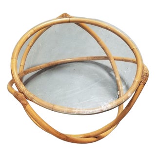 1950s Restored Mid-Century Rattan & Wicker Gyroscope Round Coffee Table w/ Glass Top For Sale