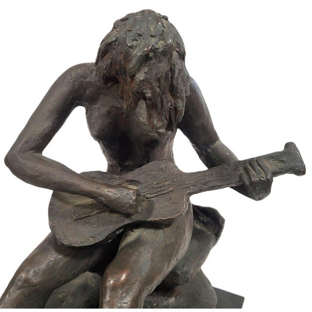 Vintage American Mid-Century Modern Bronze Sculpture Girl Playing Guitar by Weiner For Sale - Image 14 of 18