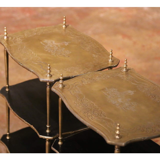 French Pair of Napoleon III French Brass and Black Lacquer Three-Tier Side Tables For Sale - Image 3 of 11