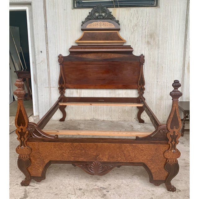 Italian Antique Victorian Carved Walnut Highback Full Bed Lincoln Style For Sale - Image 4 of 18