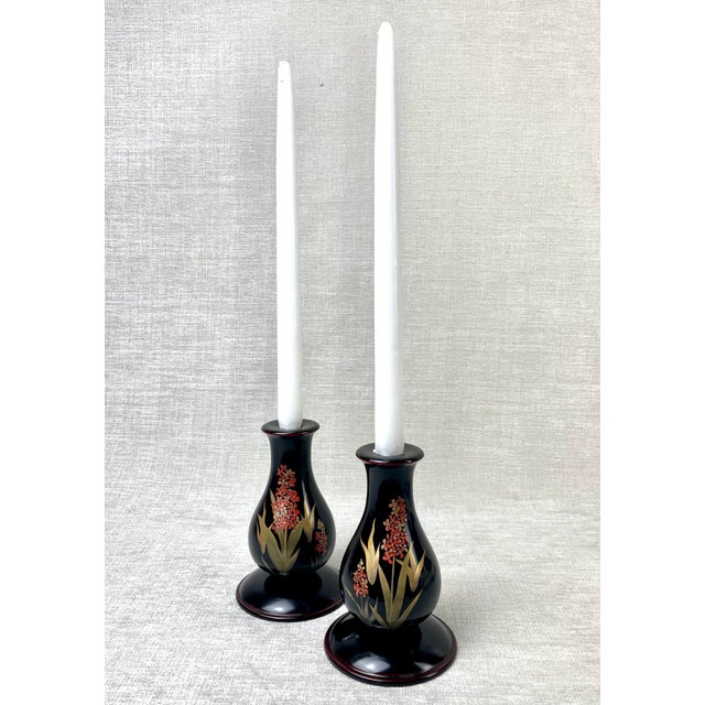 Vintage Lacquerware Candle Holders Candlesticks Floral Motif Signed