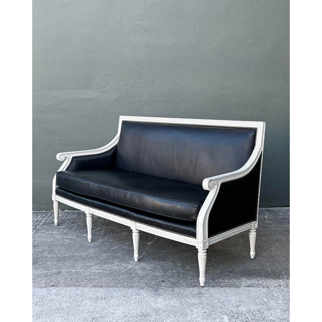 Black Vintage Oly “Hanna” Leather Louis XVI Style Sofa For Sale - Image 8 of 12