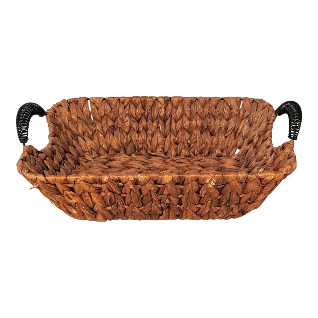 1990s Woven Hyacinth Wicker Fruit Basket With Wire Handles For Sale