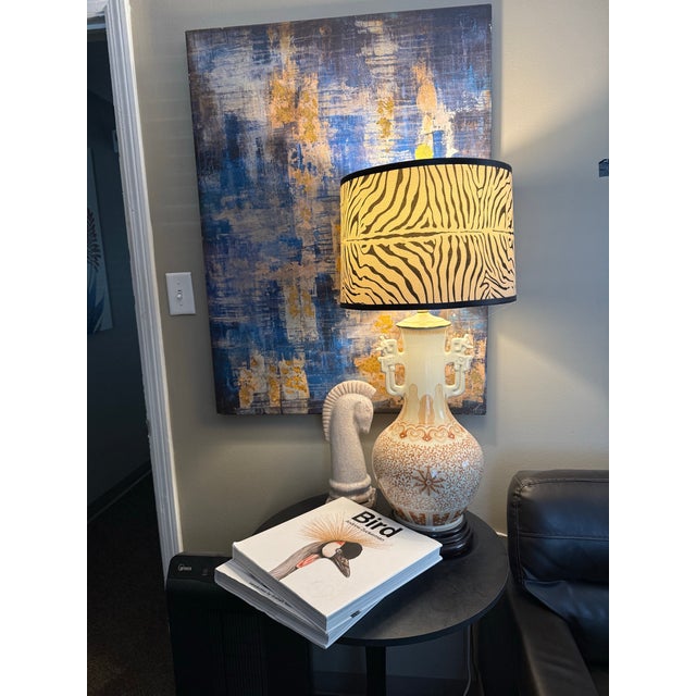 Mid 20th Century Pair of Large Vintage Crackle Glaze Porcelain Table Lamps With Brass Accents For Sale - Image 5 of 11