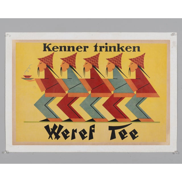 An original Art Deco poster advertising Weref Tee, a German tea company. Geometric design in shades of orange and blue on...