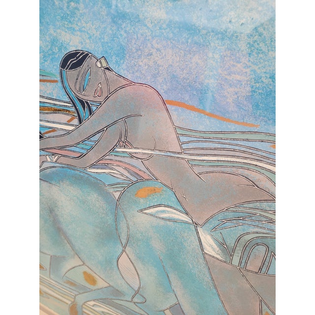 1990 Yamin Young Signed Limited Edition Serigraph Framed Blue Art Deco "Celadon Horses A" For Sale - Image 11 of 11