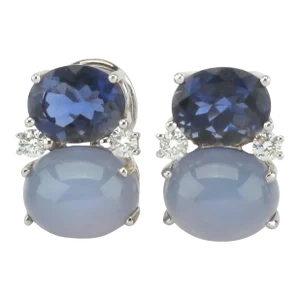 Medium GUM DROP™ Earrings with Iolite and Cabochon Chalcedony and Diamonds - A Pair