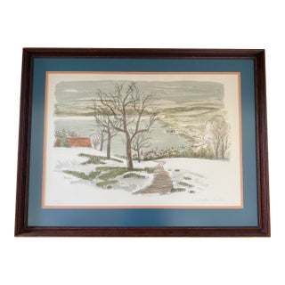 Late 20th Century Signed Original Art Print Winter Village Scene For Sale